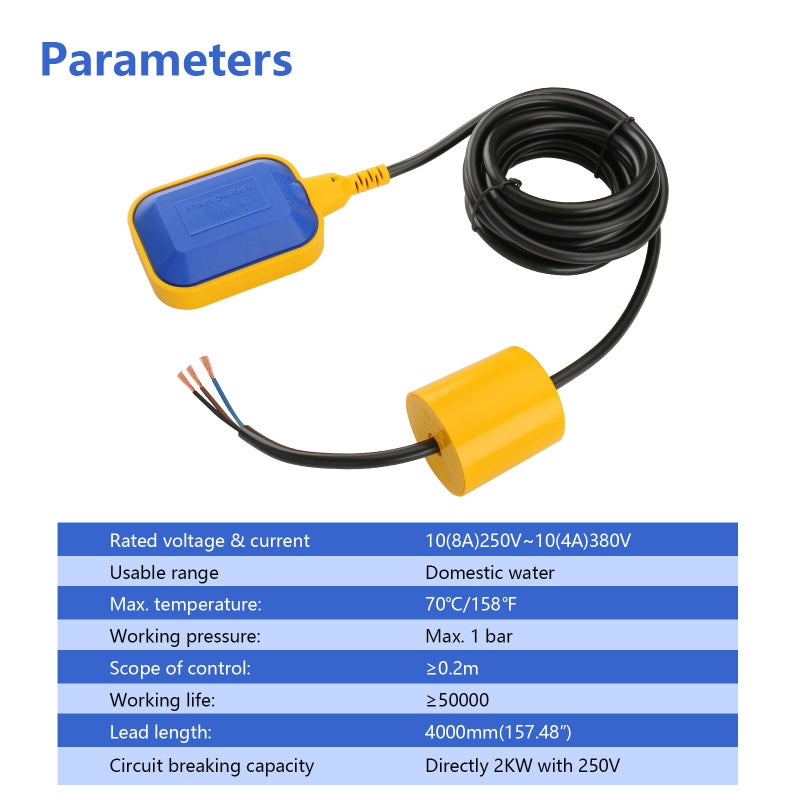 Baomain 4M 13ft Cable Float Switch, Water Level Controller, for Tank Pump, Water Tank or Sewage System On Auto Pilot, with Counterweight - Image 2
